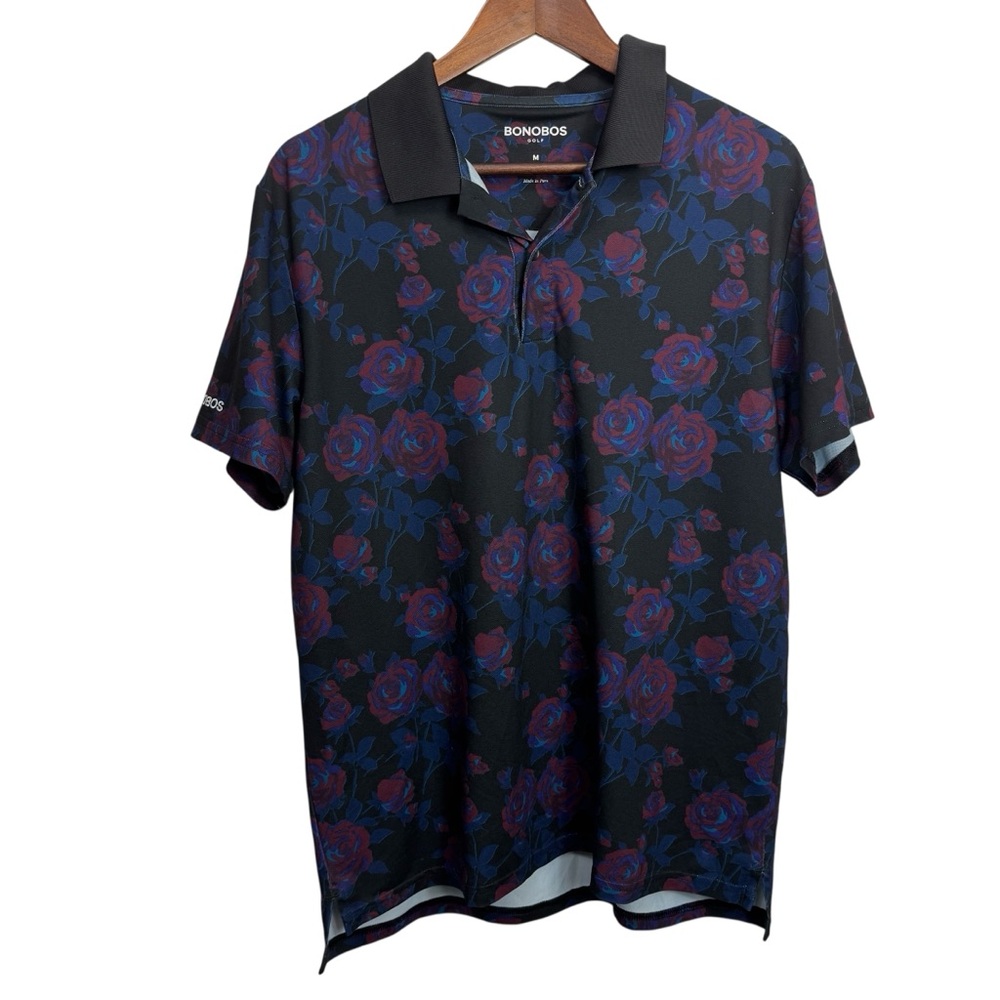 Bonobos Black Red Floral-Print Golf Polo Medium